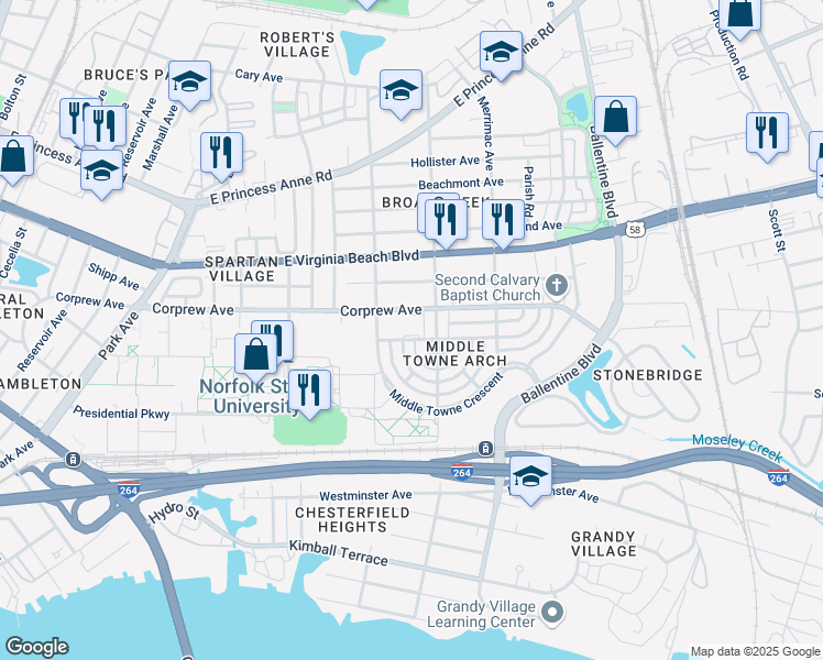 map of restaurants, bars, coffee shops, grocery stores, and more near 947 Norchester Avenue in Norfolk