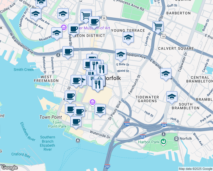 map of restaurants, bars, coffee shops, grocery stores, and more near 409 Bank Street in Norfolk