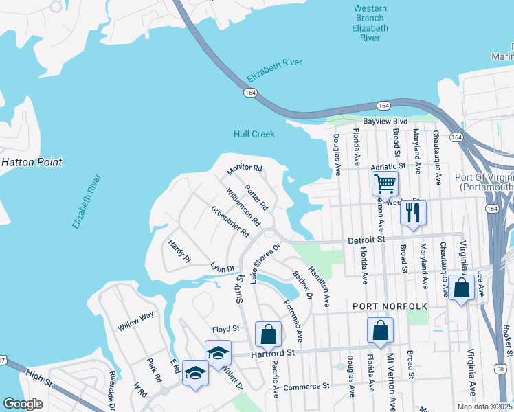 map of restaurants, bars, coffee shops, grocery stores, and more near 205 Monitor Road in Portsmouth
