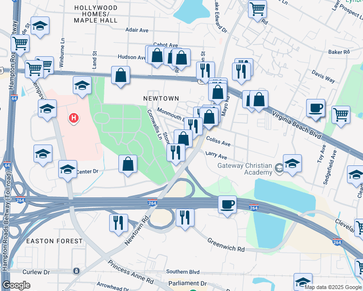 map of restaurants, bars, coffee shops, grocery stores, and more near 6645 Ethan Allen Lane in Norfolk