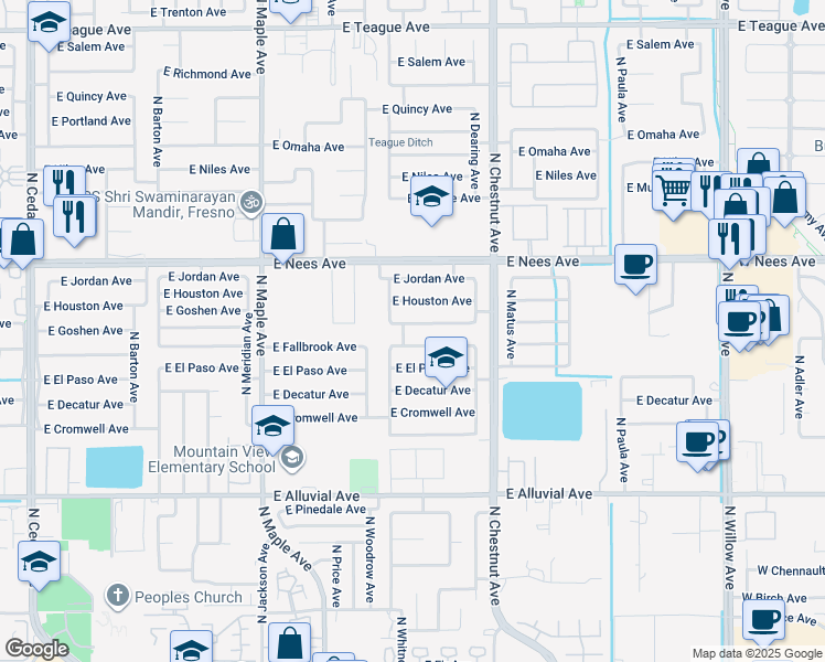 map of restaurants, bars, coffee shops, grocery stores, and more near 2305 East Goshen Avenue in Fresno