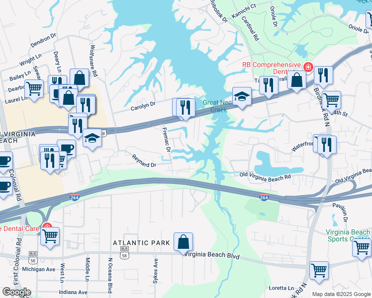 map of restaurants, bars, coffee shops, grocery stores, and more near 604 Lake Point Circle in Virginia Beach