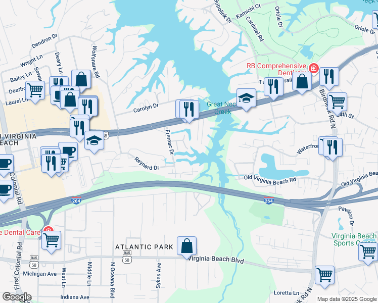 map of restaurants, bars, coffee shops, grocery stores, and more near 604 Lake Point Circle in Virginia Beach