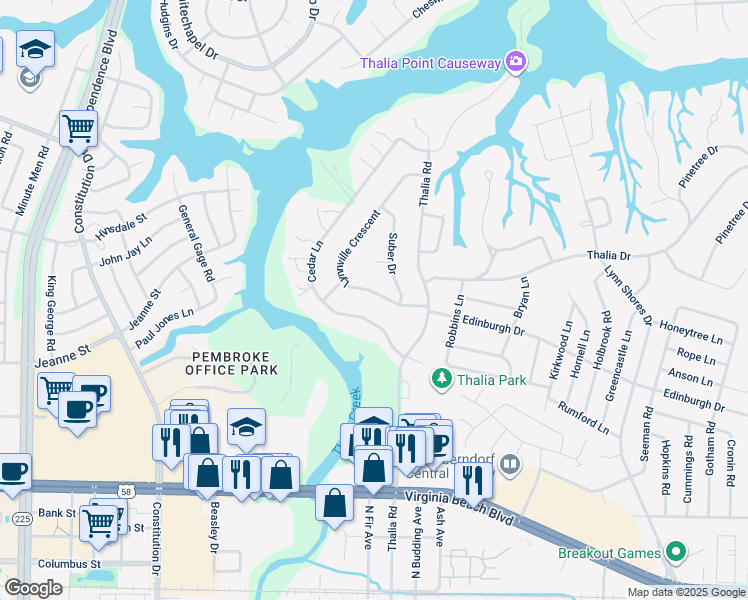 map of restaurants, bars, coffee shops, grocery stores, and more near 4321 Lynnville Crescent in Virginia Beach