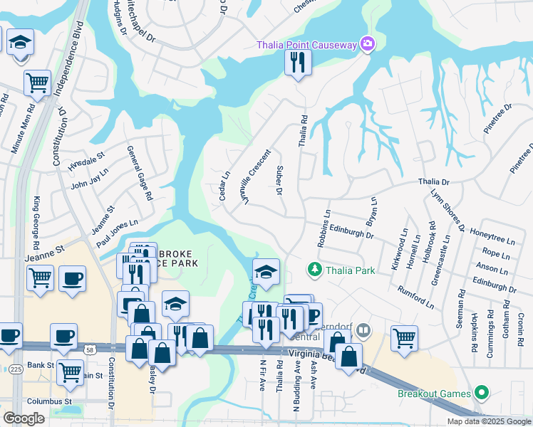 map of restaurants, bars, coffee shops, grocery stores, and more near 4321 Lynnville Crescent in Virginia Beach