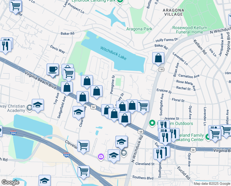 map of restaurants, bars, coffee shops, grocery stores, and more near 5242 Richard Road in Virginia Beach