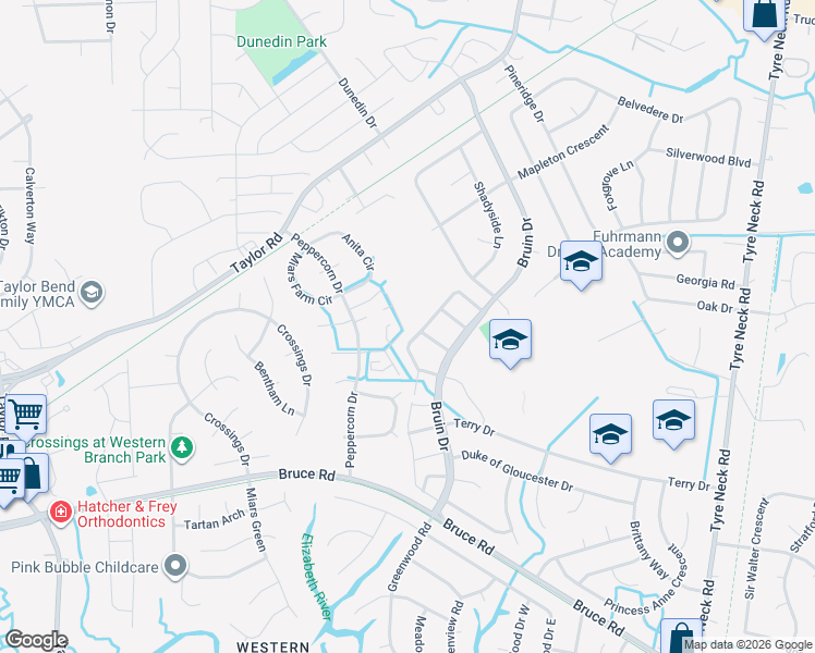 map of restaurants, bars, coffee shops, grocery stores, and more near 3207 Radcliffe Lane North in Chesapeake