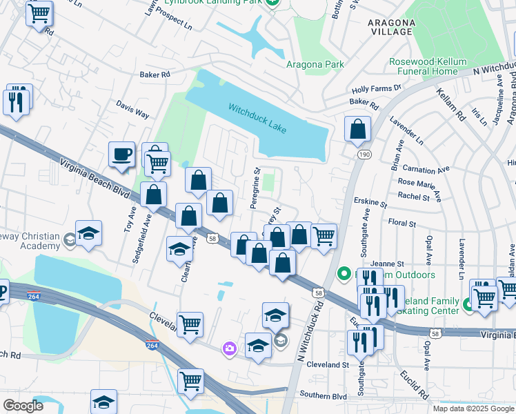 map of restaurants, bars, coffee shops, grocery stores, and more near 5250 Richard Road in Virginia Beach