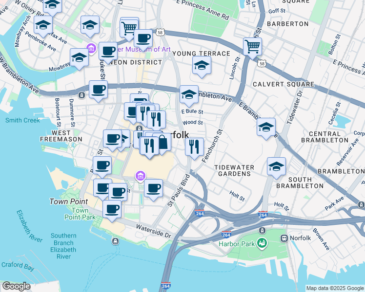 map of restaurants, bars, coffee shops, grocery stores, and more near 423 Saint Pauls Boulevard in Norfolk