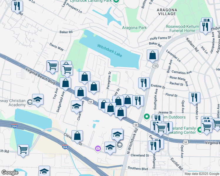 map of restaurants, bars, coffee shops, grocery stores, and more near 5250 Richard Road in Virginia Beach