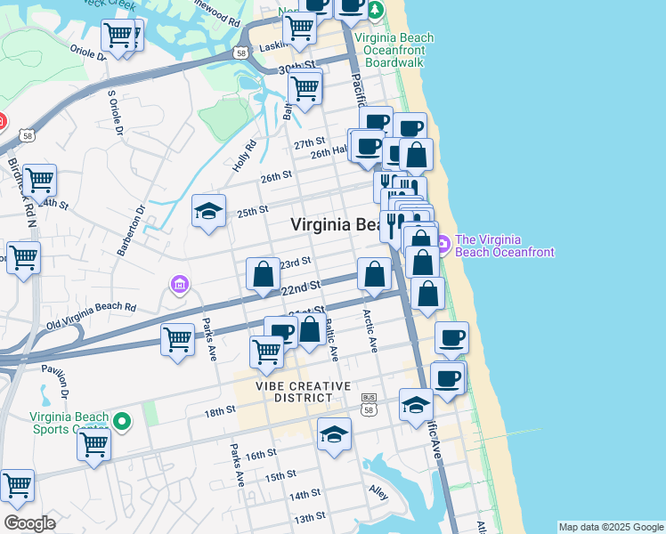 map of restaurants, bars, coffee shops, grocery stores, and more near 412 22 1/2 Street in Virginia Beach