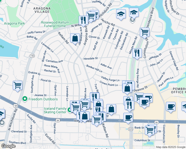 map of restaurants, bars, coffee shops, grocery stores, and more near 421 Sirine Avenue in Virginia Beach