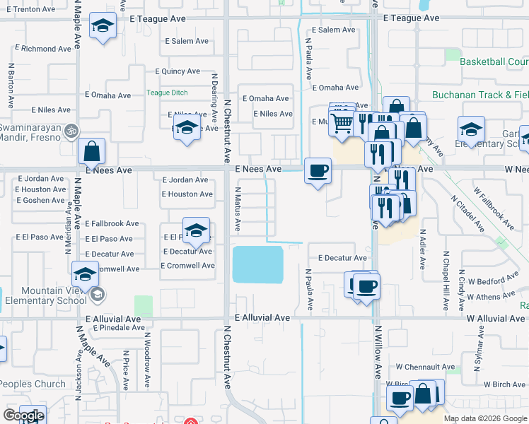 map of restaurants, bars, coffee shops, grocery stores, and more near 2650 East Goshen Avenue in Fresno