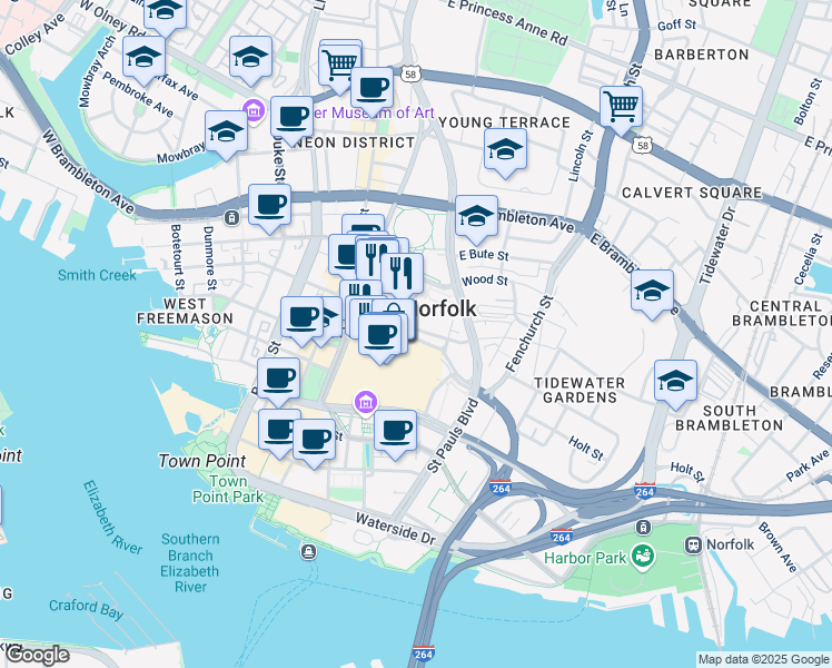 map of restaurants, bars, coffee shops, grocery stores, and more near 435 East Freemason Street in Norfolk
