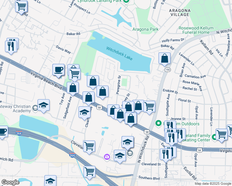 map of restaurants, bars, coffee shops, grocery stores, and more near 402 Peregrine Street in Virginia Beach