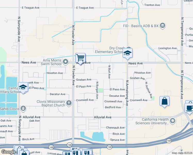 map of restaurants, bars, coffee shops, grocery stores, and more near 1996 Houston Avenue in Clovis