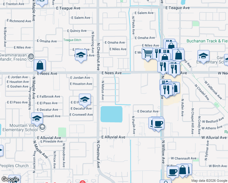 map of restaurants, bars, coffee shops, grocery stores, and more near 2650 East Goshen Avenue in Fresno
