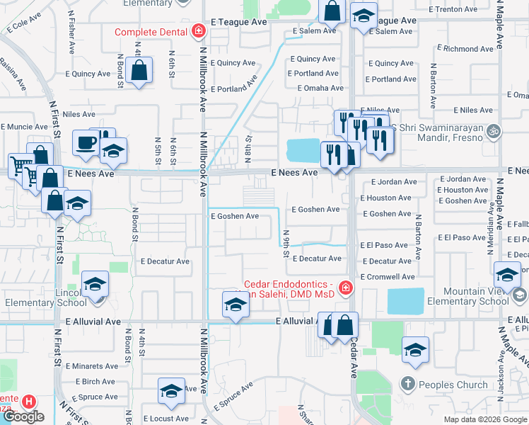 map of restaurants, bars, coffee shops, grocery stores, and more near 1191 East Nees Avenue in Fresno