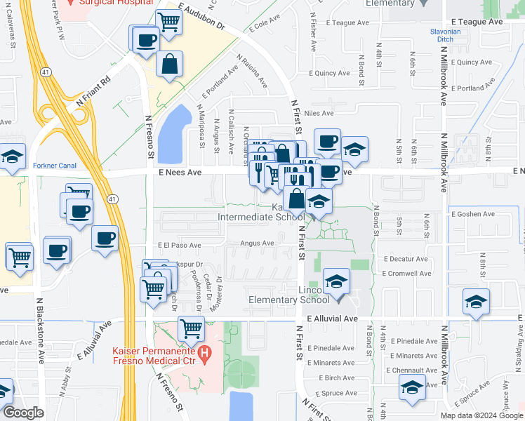map of restaurants, bars, coffee shops, grocery stores, and more near 7737 North First Street in Fresno