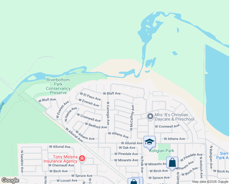 map of restaurants, bars, coffee shops, grocery stores, and more near 5643 West River Bottom Avenue in Fresno