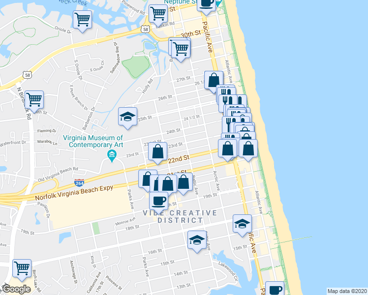 map of restaurants, bars, coffee shops, grocery stores, and more near 501 23rd Street in Virginia Beach
