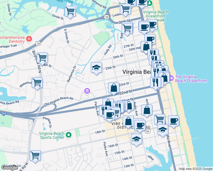 map of restaurants, bars, coffee shops, grocery stores, and more near 610 24th Street in Virginia Beach