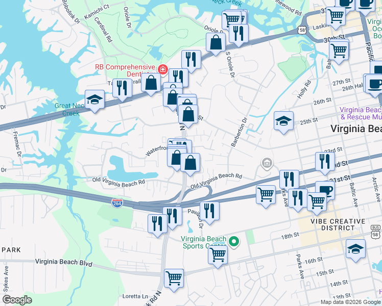 map of restaurants, bars, coffee shops, grocery stores, and more near 3433 Marabou Lane in Virginia Beach