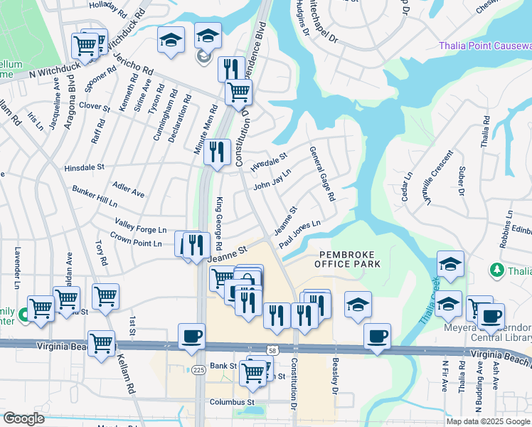 map of restaurants, bars, coffee shops, grocery stores, and more near 420 Betsy Ross Road in Virginia Beach