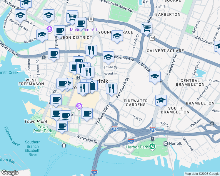 map of restaurants, bars, coffee shops, grocery stores, and more near 801-843 E Charlotte St in Norfolk
