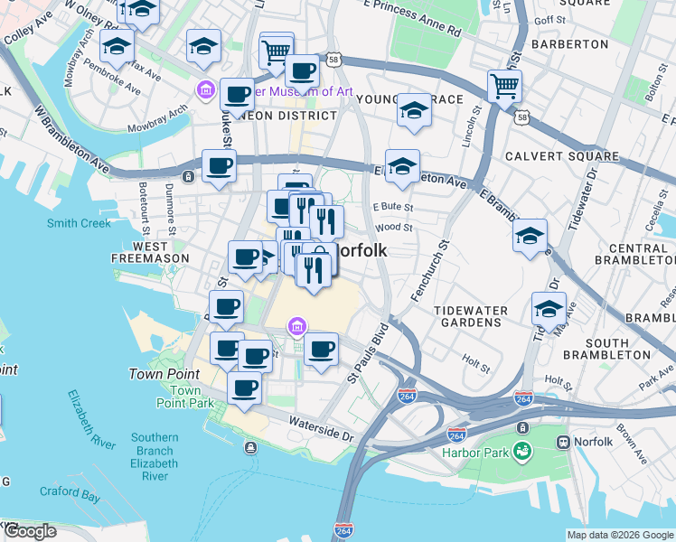 map of restaurants, bars, coffee shops, grocery stores, and more near 409 Bank Street in Norfolk