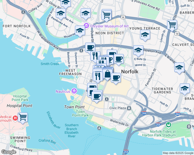 map of restaurants, bars, coffee shops, grocery stores, and more near 122 College Place in Norfolk