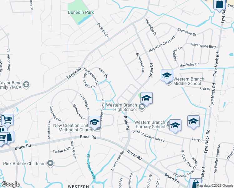 map of restaurants, bars, coffee shops, grocery stores, and more near 3207 Radcliffe Lane North in Chesapeake