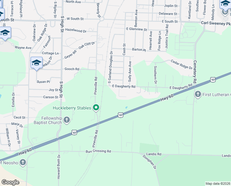 map of restaurants, bars, coffee shops, grocery stores, and more near 327-329 E Daugherty Rd in Neosho