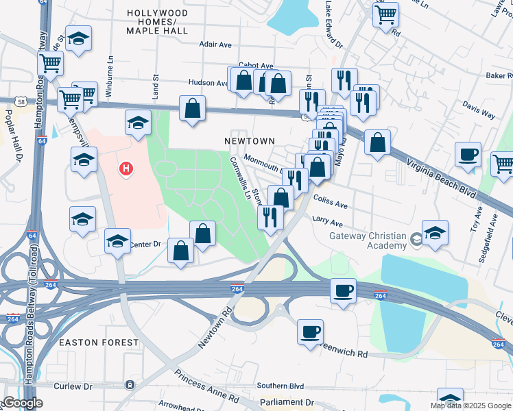 map of restaurants, bars, coffee shops, grocery stores, and more near 6608 Stoney Point South in Norfolk