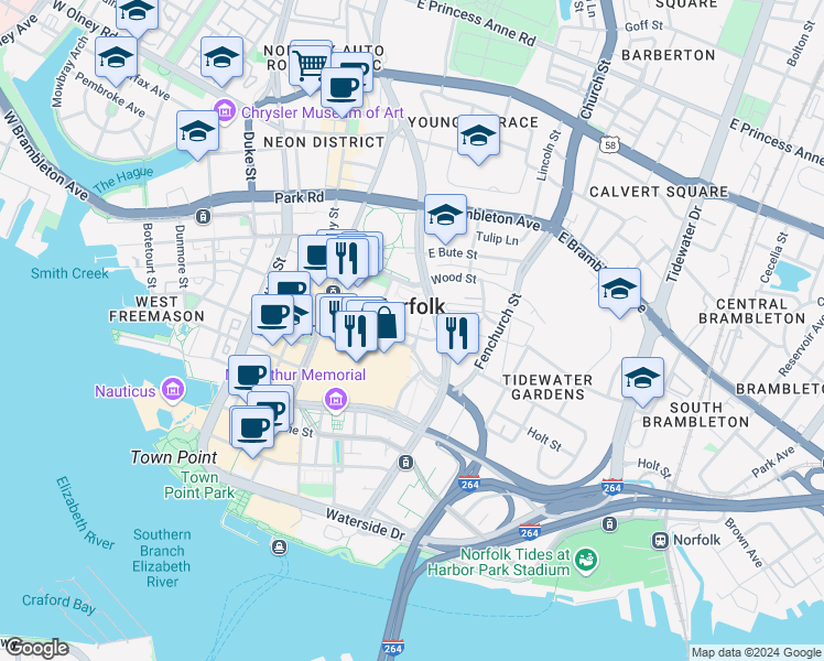 map of restaurants, bars, coffee shops, grocery stores, and more near 444 East Freemason Street in Norfolk