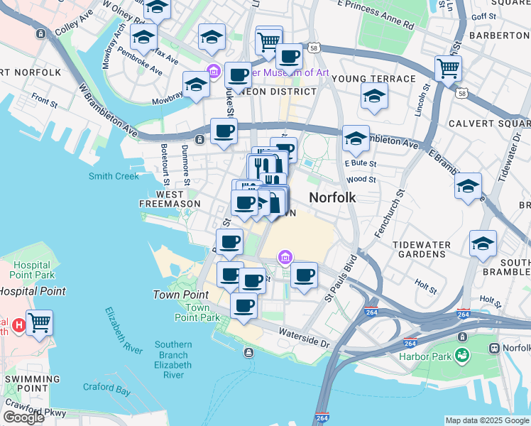 map of restaurants, bars, coffee shops, grocery stores, and more near in Norfolk