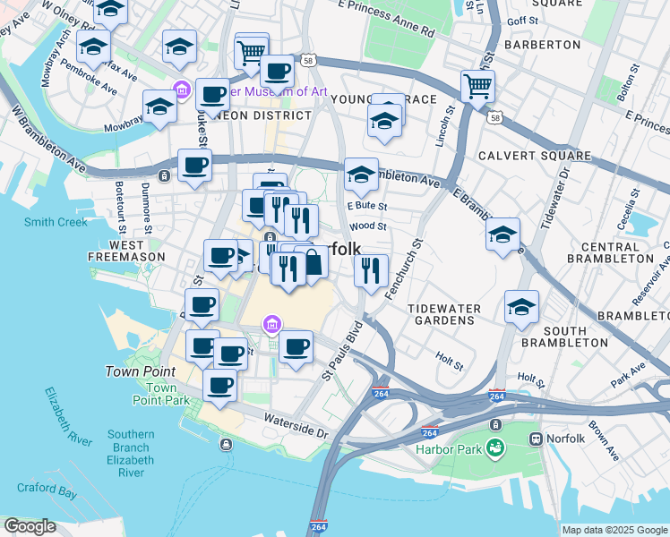 map of restaurants, bars, coffee shops, grocery stores, and more near 444 East Freemason Street in Norfolk
