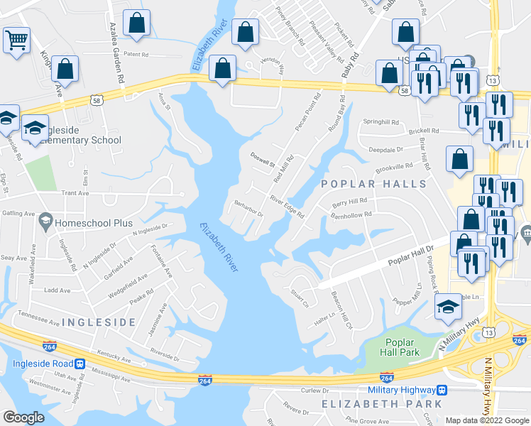 map of restaurants, bars, coffee shops, grocery stores, and more near 5330 Bar Harbor Drive in Norfolk