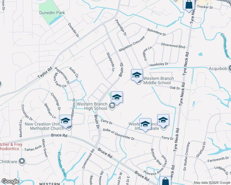 map of restaurants, bars, coffee shops, grocery stores, and more near 3104 Morningside Drive in Chesapeake