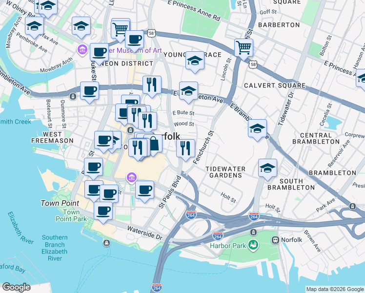 map of restaurants, bars, coffee shops, grocery stores, and more near 801-843 E Charlotte St in Norfolk