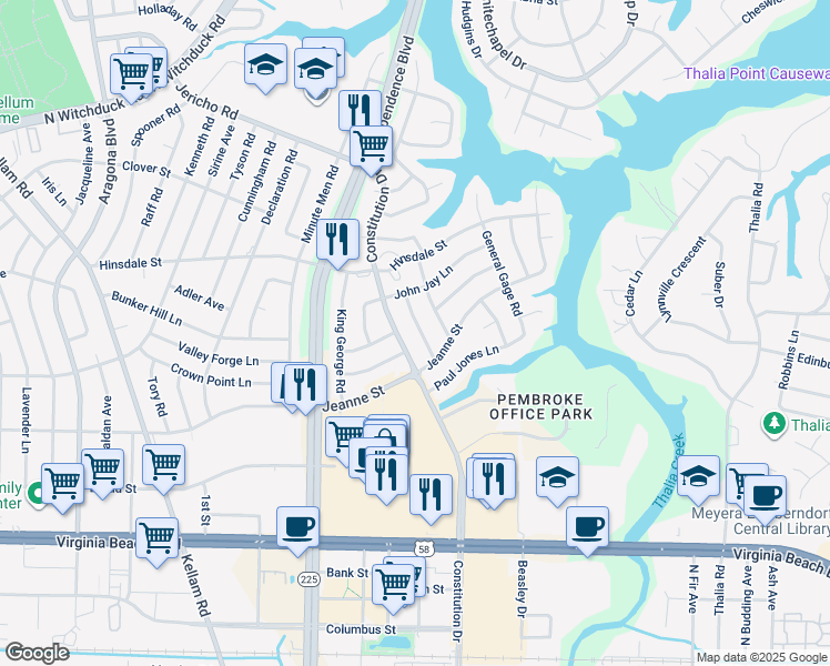 map of restaurants, bars, coffee shops, grocery stores, and more near 420 Betsy Ross Road in Virginia Beach