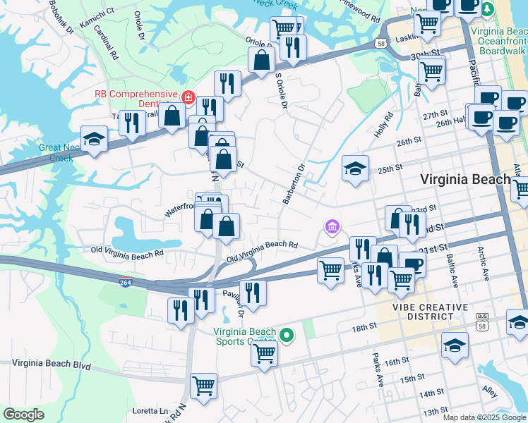 map of restaurants, bars, coffee shops, grocery stores, and more near 916 B Street in Virginia Beach