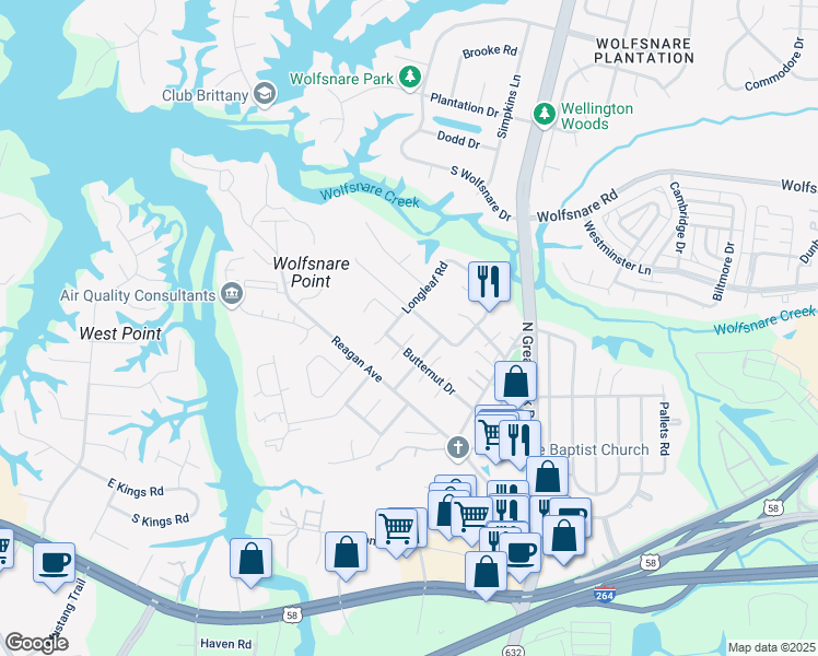 map of restaurants, bars, coffee shops, grocery stores, and more near 436 Longleaf Road in Virginia Beach
