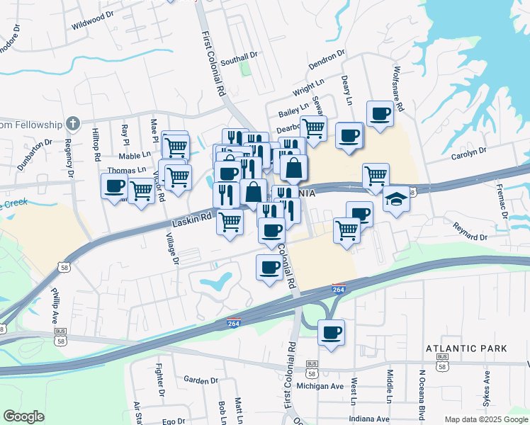 map of restaurants, bars, coffee shops, grocery stores, and more near in Virginia Beach