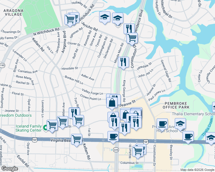 map of restaurants, bars, coffee shops, grocery stores, and more near 4605 Williamsburg Court in Virginia Beach