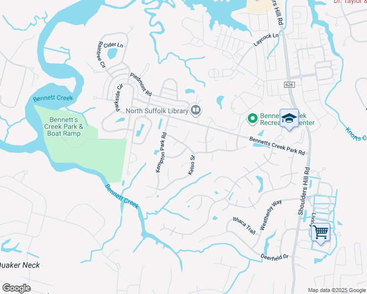 map of restaurants, bars, coffee shops, grocery stores, and more near 3517 Lingfield Cove in Suffolk