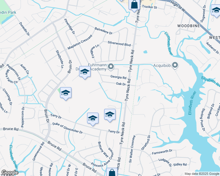 map of restaurants, bars, coffee shops, grocery stores, and more near 3117 Woodcroft Lane in Chesapeake
