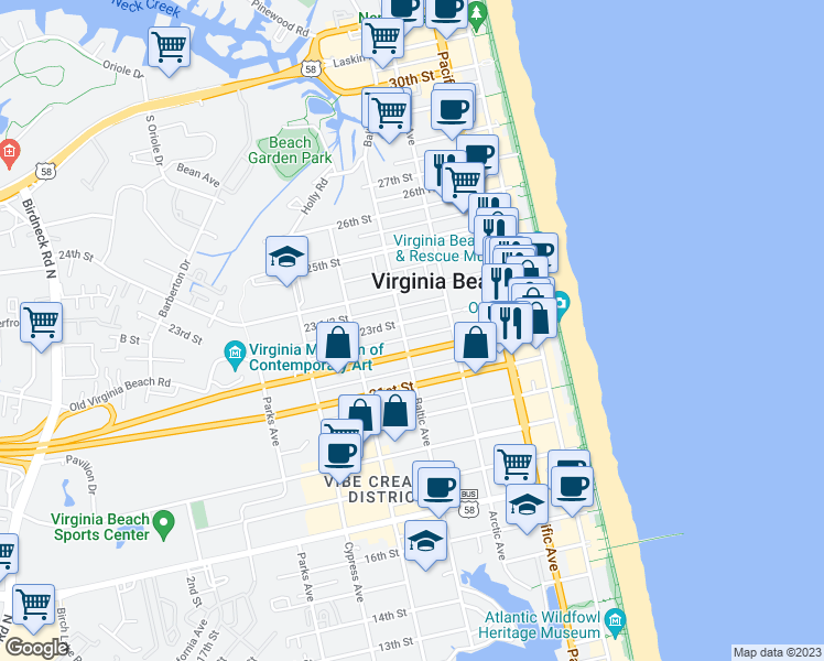 map of restaurants, bars, coffee shops, grocery stores, and more near 426 23rd Street in Virginia Beach