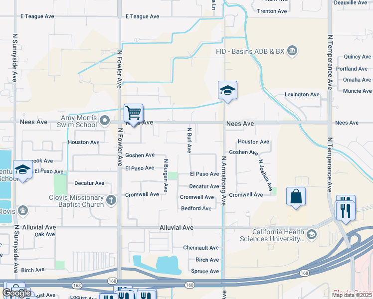 map of restaurants, bars, coffee shops, grocery stores, and more near 2046 Houston Avenue in Clovis