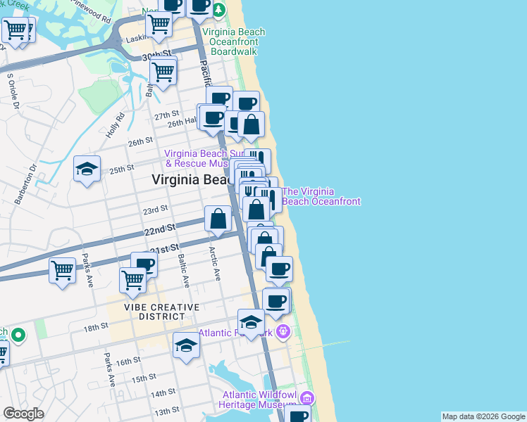 map of restaurants, bars, coffee shops, grocery stores, and more near 2201 Atlantic Avenue in Virginia Beach